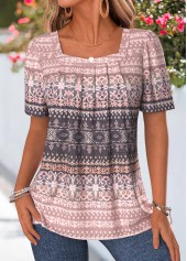 Pink Tribal Print Shirred Short Sleeve T Shirt | thumb picture 