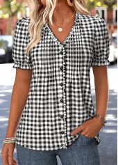 Black Plaid Tummy Coverage Short Sleeve V Neck Blouse