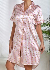 Pink Striped Half Sleeve Turn Down Collar Nightdress | thumb picture 