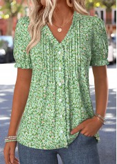 Light Green Ditsy Floral Print Tuck Stitch T Shirt