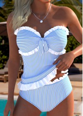 Blue High Waisted Tie Striped Tankini Set