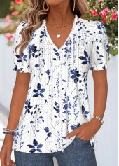 Navy Floral Print Frill Short Sleeve T Shirt