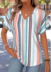 Multi Color Striped Split Short Sleeve T Shirt