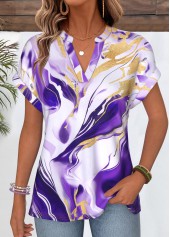 Purple Marble Print Short Sleeve Split Neck T Shirt