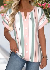 Multi Color Striped Tummy Coverage Short Sleeve Blouse