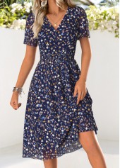 Dark Blue Ditsy Floral Print Smocked Short Sleeve Dress
