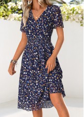 Dark Blue Ditsy Floral Print Smocked Short Sleeve Dress | thumb picture 