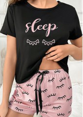 Black Short Sleeve Round Neck Lounge Top and Shorts | thumb picture 