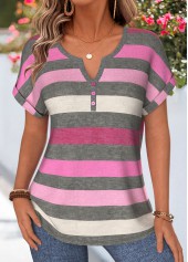 Hot Pink Striped Curved Hem Short Sleeve Blouse