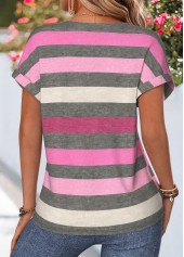 Hot Pink Striped Curved Hem Short Sleeve Blouse | thumb picture 