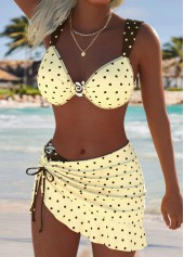 Light Yellow Mid Waisted Three-piece Polka Dot Bikini Set | thumb picture 
