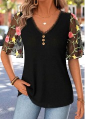 Black Curved Hem Half Sleeve V Neck T Shirt