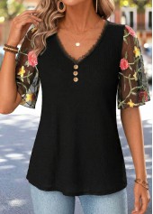 Black Curved Hem Half Sleeve V Neck T Shirt | thumb picture 