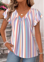 Multi Color Striped Shirred Short Sleeve T Shirt