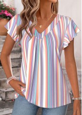 Multi Color Striped Shirred Short Sleeve T Shirt | thumb picture 