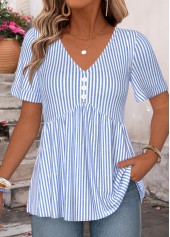 Blue Striped Curved Hem Short Sleeve T Shirt