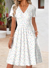 White Polka Dot Double Side Pockets Short Sleeve Dress