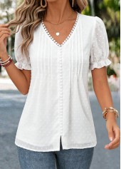 White Tuck Stitch Short Sleeve V Neck T Shirt | thumb picture 