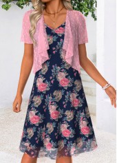 Pink Floral Print Tummy Coverage Short Sleeve Dress