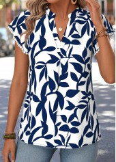 Navy Leaf Print Short Sleeve Split Neck Blouse | thumb picture 