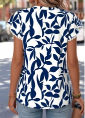 Navy Leaf Print Short Sleeve Split Neck Blouse | thumb picture 