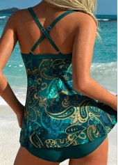 Peacock Blue Mid Waisted Tie Tribal Print Tankini Set | thumb picture 