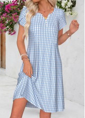 Blue Plaid Short Tuck Stitch Split Neck Dress
