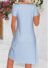 Blue Plaid Short Tuck Stitch Split Neck Dress | thumb picture 
