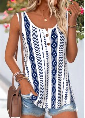 Navy Geometric Print Button Sleeveless Round Neck Tank Top