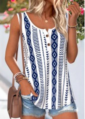 Navy Geometric Print Button Sleeveless Round Neck Tank Top | thumb picture 