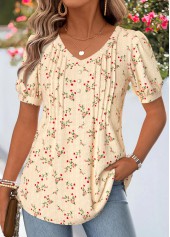 Light Yellow Ditsy Floral Print Tuck Stitch T Shirt