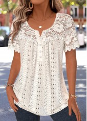 Beige Ruffle Short Sleeve Split Neck Blouse