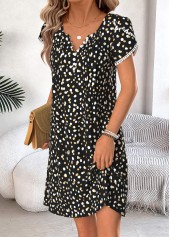 Black Polka Dot Short Tuck Stitch Split Neck Dress | thumb picture 