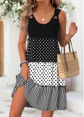 Black Geometric Print Short Shirred Sleeveless Scoop Neck Dress