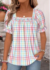 Multi Color Plaid Smocked Short Sleeve Square Neck Blouse