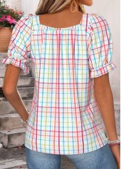 Multi Color Plaid Smocked Short Sleeve Square Neck Blouse | thumb picture 