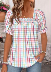 Multi Color Plaid Smocked Short Sleeve Square Neck Blouse | thumb picture 