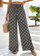 Black Geometric Print Straight Leg Elastic Waist Pants