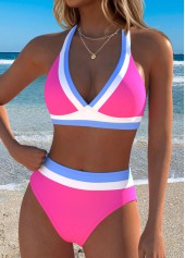 Hot Pink Mid Waisted Patchwork Bikini Set | thumb picture 