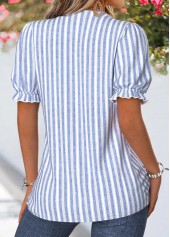 Blue Striped Patchwork Short Sleeve Stand Collar Blouse | thumb picture 