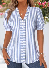 Blue Striped Patchwork Short Sleeve Stand Collar Blouse