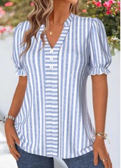 Blue Striped Patchwork Short Sleeve Stand Collar Blouse | thumb picture 