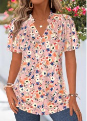 Dusty Pink Floral Print Frill Short Sleeve T Shirt