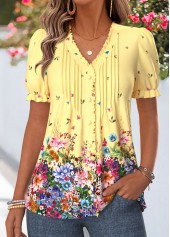 Yellow Floral Print Frill Short Sleeve T Shirt
