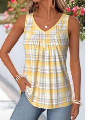 Yellow Plaid Shirred Sleeveless V Neck Tank Top | thumb picture 