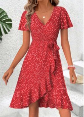Red Polka Dot Short Shirred V Neck Dress
