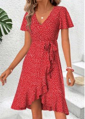 Red Polka Dot Short Shirred V Neck Dress | thumb picture 