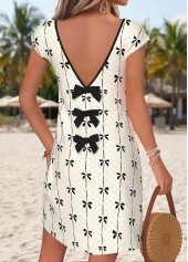 Beige Striped Short Patchwork V Neck Dress | thumb picture 