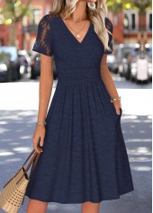 Navy Tummy Coverage Short Sleeve V Neck Dress