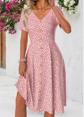 Pink Polka Dot Short Sleeve V Neck Dress